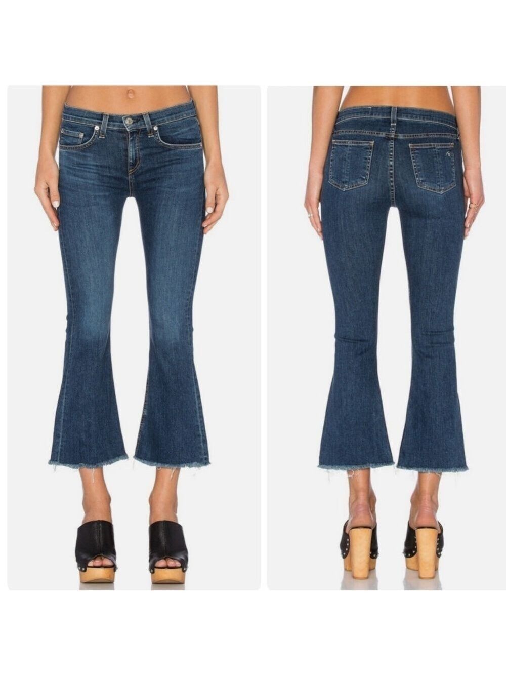 Rag & Bone Flare Jeans Raw Frayed Hems Cropped Stretch Paz Medium Wash Size 26